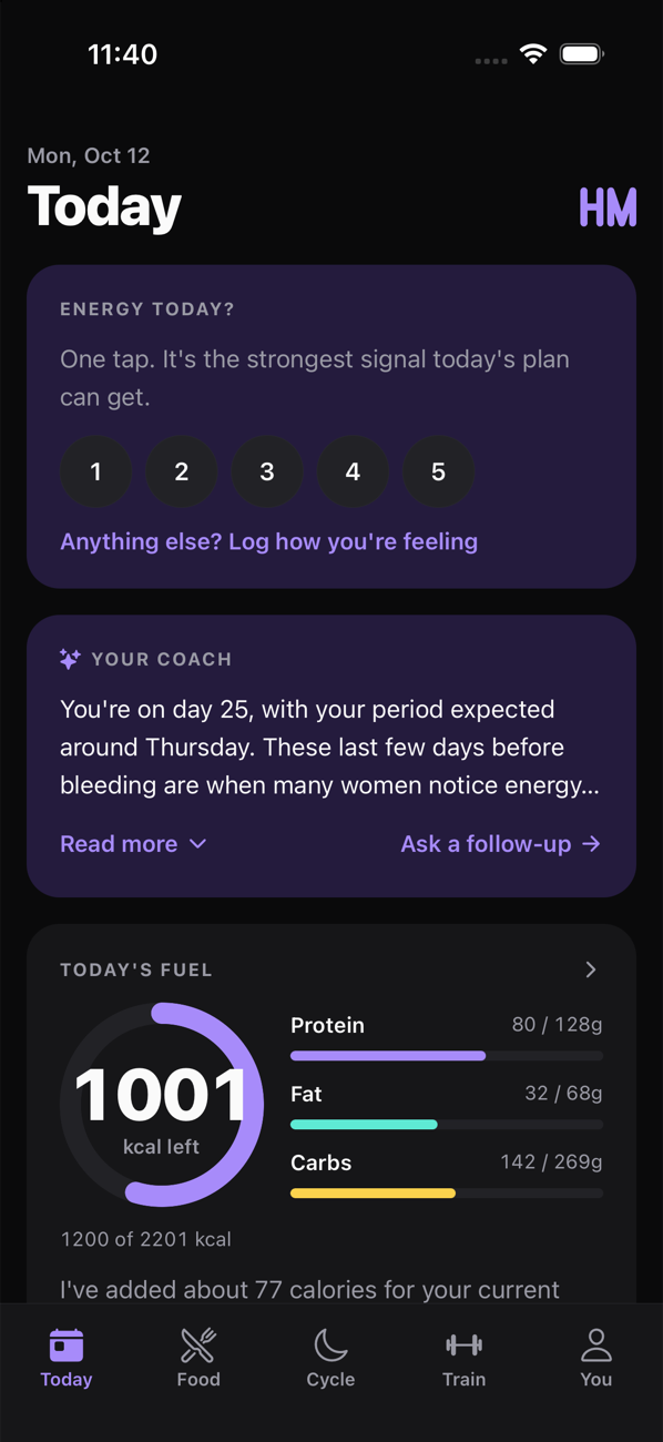 The Today screen: a one-tap energy check-in, a coach note that opens ‘You're on day 25, with your period expected around Thursday’, and today's fuel ring showing 1,001 calories left.